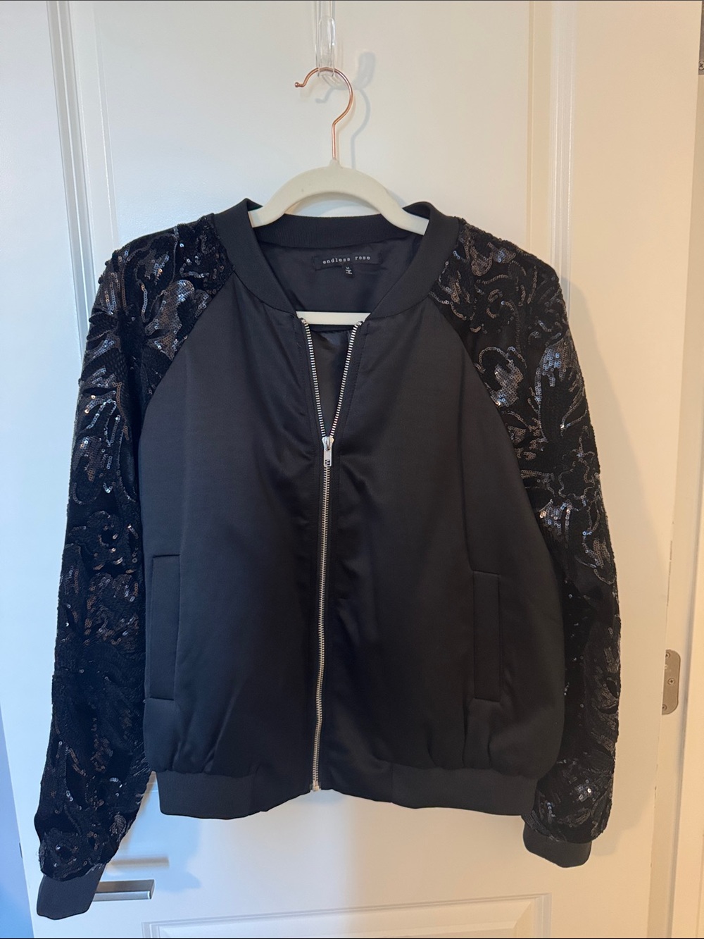Endless Rose Black Sequin Sleeve Bomber Jacket
